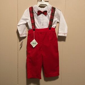 12mos Boy Holiday Outfit Red Velvet Pants w/Plaid Suspenders/ White LS Shirt NWT